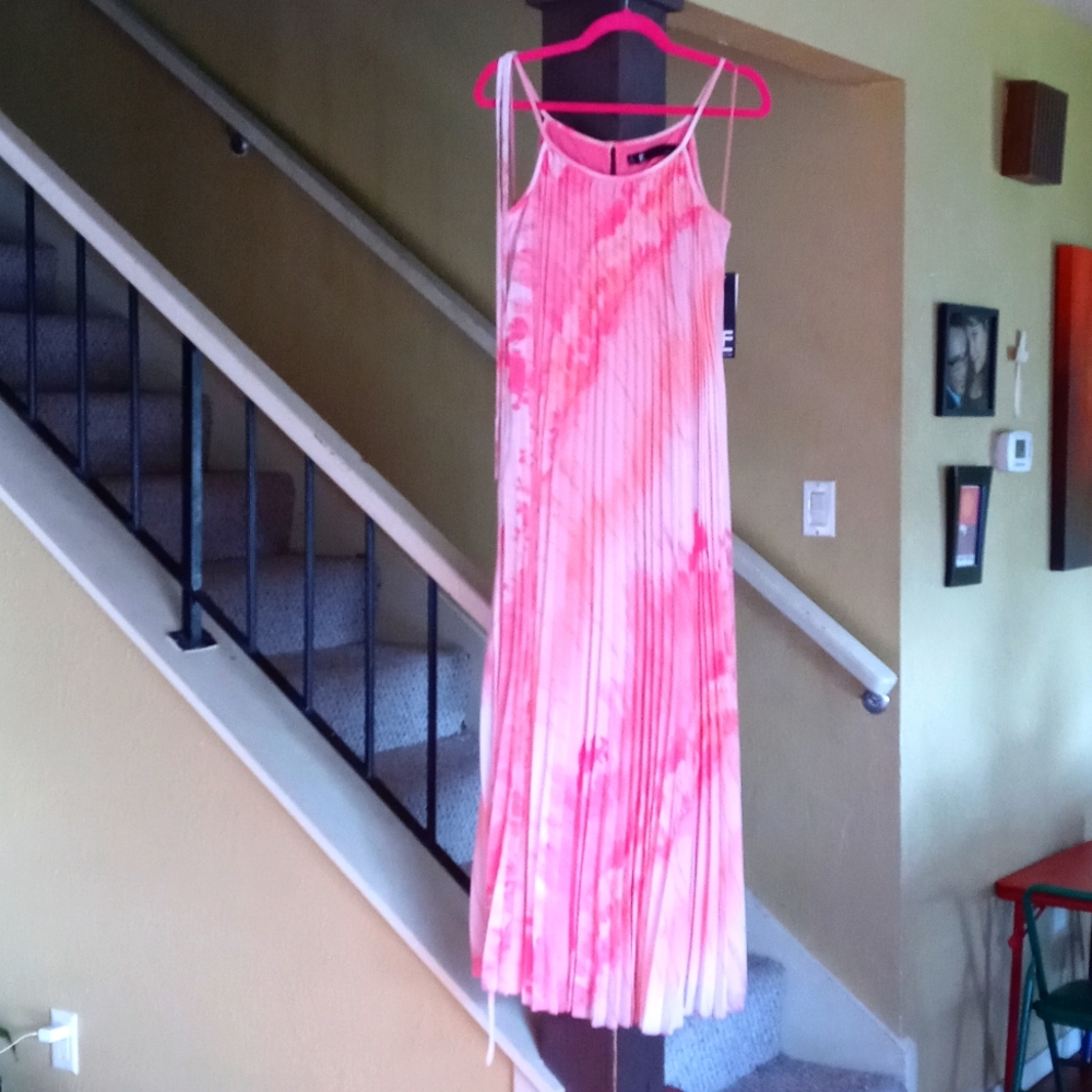 Leslie Fey Pink/Orange Blossom Pleated Long Spaghetti Strap Dress Women's Sz 4